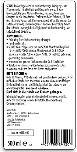 SONAX, cuidado del cuero con cera de abeja, para muebles y autos | N.° 02912000-544  
SONAX, limpia y nutre cuero liso y