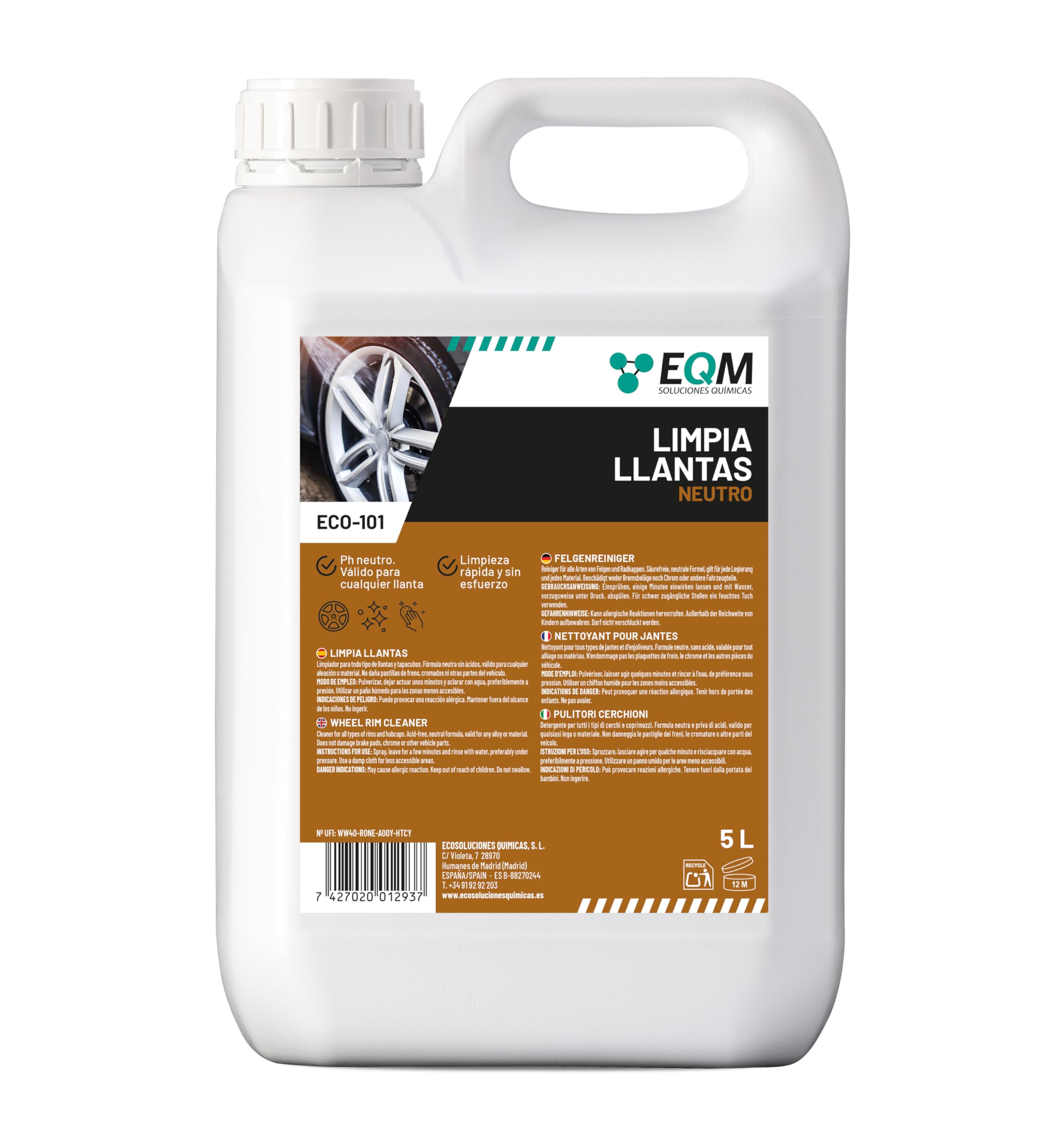 EQM ECO-101 Limpia Llantas Coche Sin Ácidos, pH Neutro, Elimina la Suciedad sin Esfuerzo Todo Tipo de Llantas, Potente y