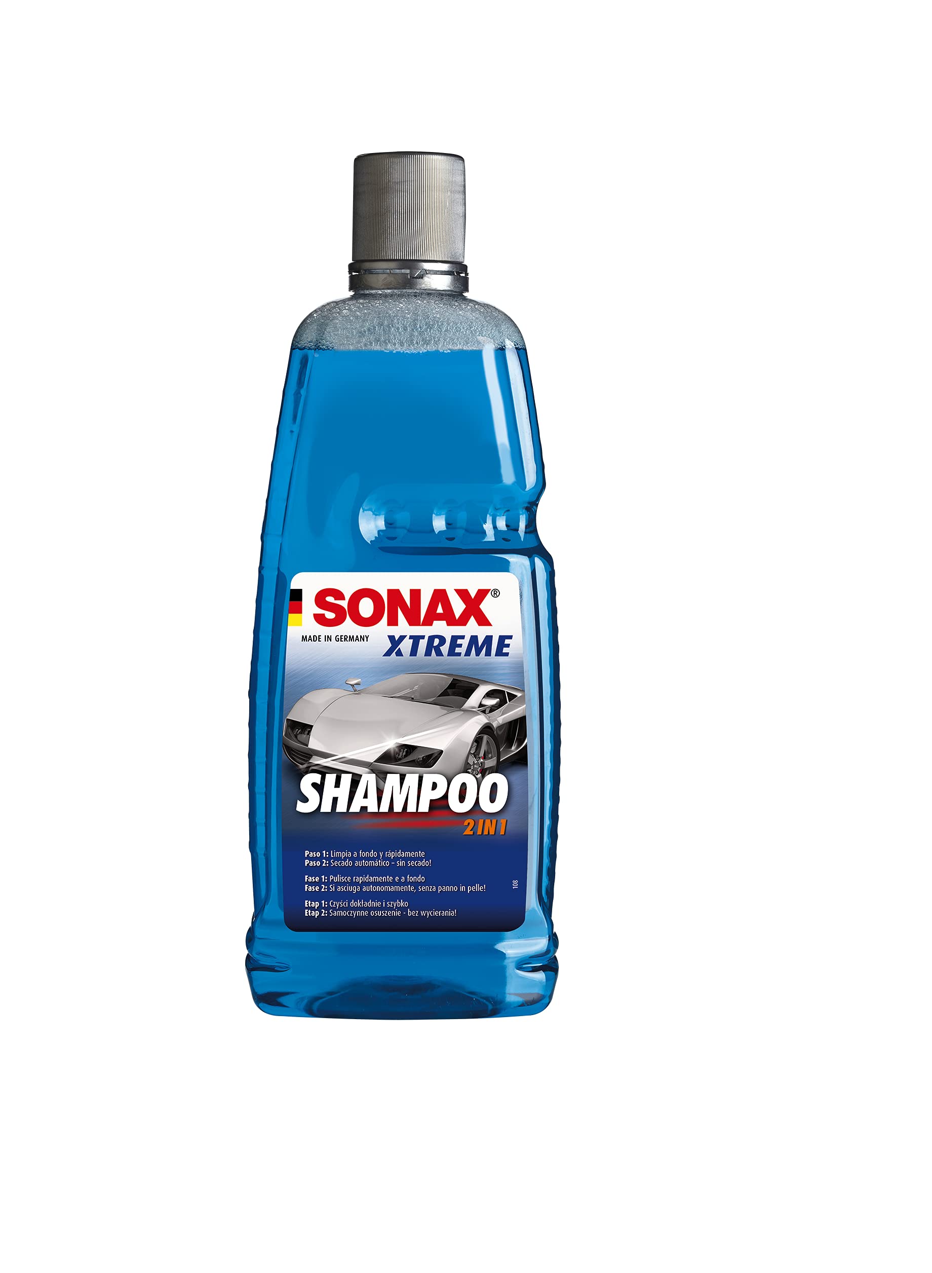 SONAX XTREME Champú 2 en 1 para coche (1 litro) | Ideal para limpiar pintura, metal, cristal y plástico | Limpieza profu